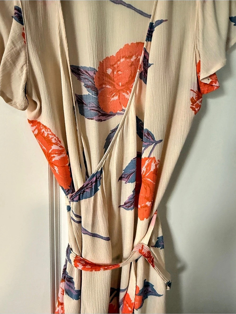 Billabong Floral Kimono Duster M Cream Coral and Blue Tie Waist Boho Cover Up